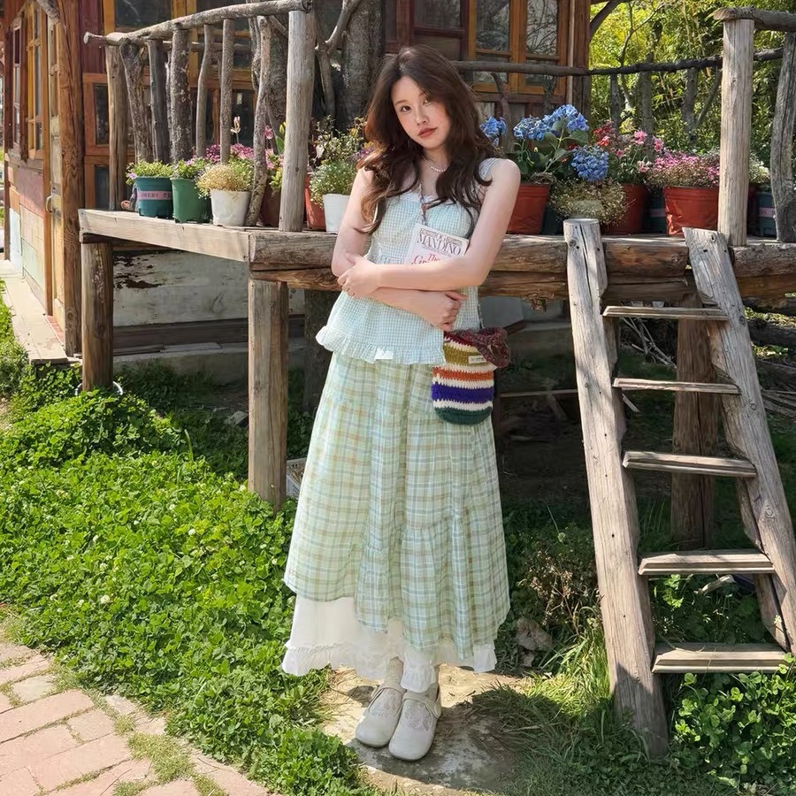 센 부서 신선함 달콤한 스타일 체크무늬 패치워크 레이스 반신 스커트 여성 하이웨이스트 A라인 스커트 부드러운 바람 슬림해 보이는