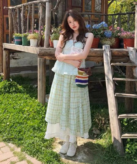 센 부서 신선함 달콤한 스타일 체크무늬 패치워크 레이스 반신 스커트 여성 하이웨이스트 A라인 스커트 부드러운 바람 슬림해 보이는