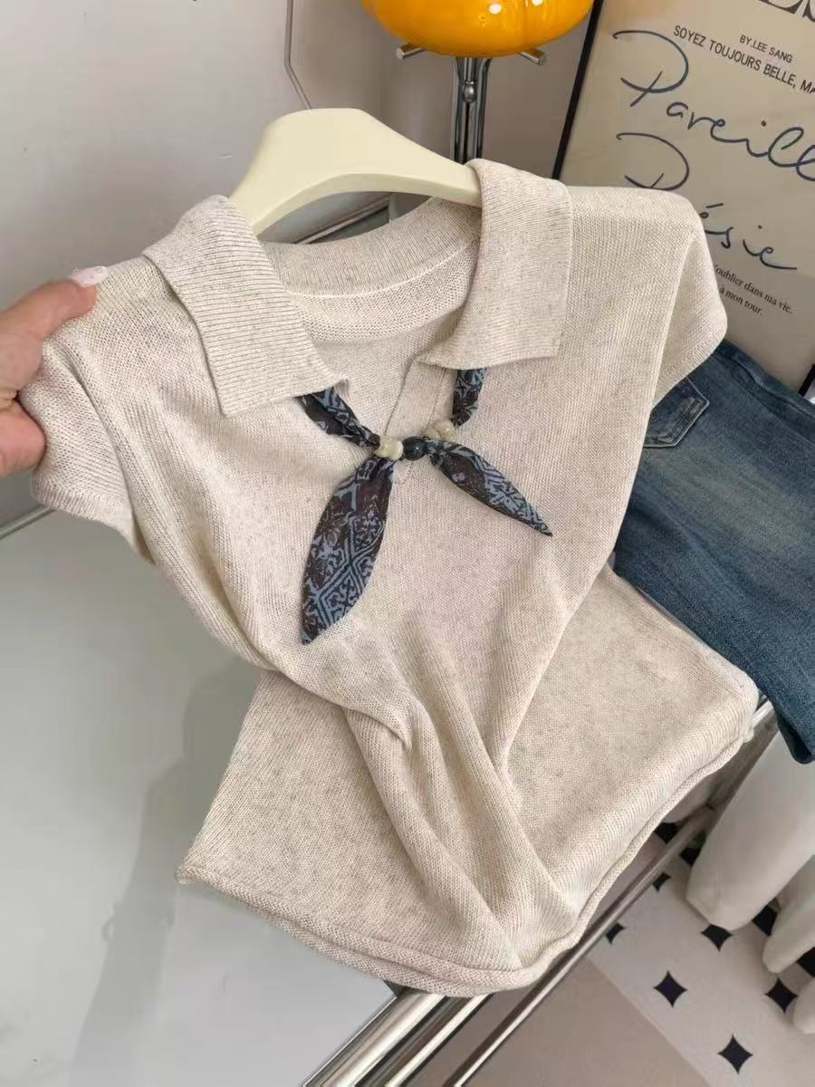 캐주얼 미니멀리즘 오트밀 색상 POLO 칼라 반팔 니트 스웨터 여성 의류 여름 루즈핏 패션 외국 가스 고급 센스 맨위