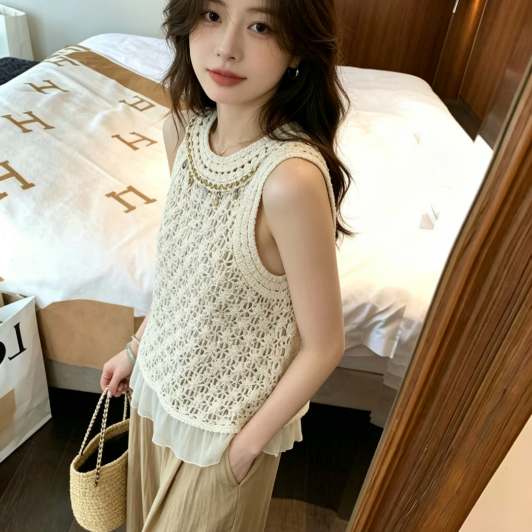 홀로우 아웃 자수 2026 여름 니트 행침 목 조끼 여성 여름 디자인 센스 보헤미안 휴가 바람 민소매 맨위