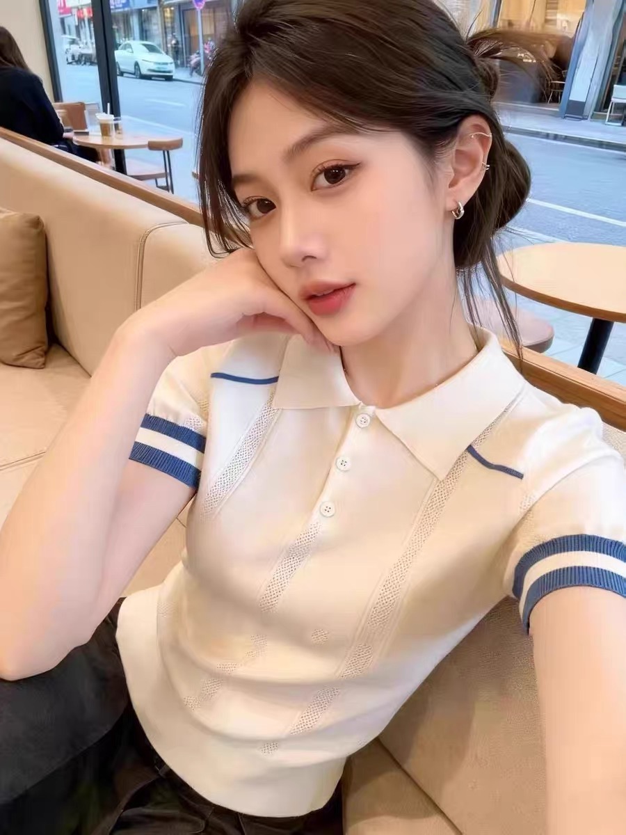 배색 스트라이프 폴로 칼라 니트 polo 기본 셔츠 2026 여름 새로운 반팔 프랑스식 쇼트 스타일 티셔츠 맨위 여성