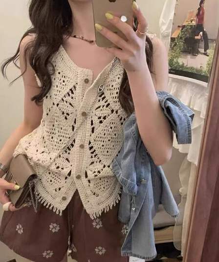 한 부서 레트로 홀로우 아웃 자수 민소매 니트 조끼 여자 여름 캐주얼 휴가 바람 술 외국 가스 오픈 가디건 맨위