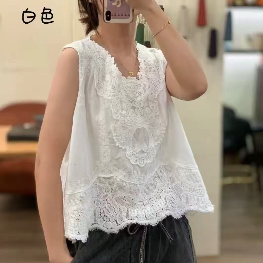 민족 스타일 면 린넨 자수 넓은 어깨 화이트 조끼 여성 외출용 루즈핏 느긋한 바람 레이스 레이스 민소매 맨위