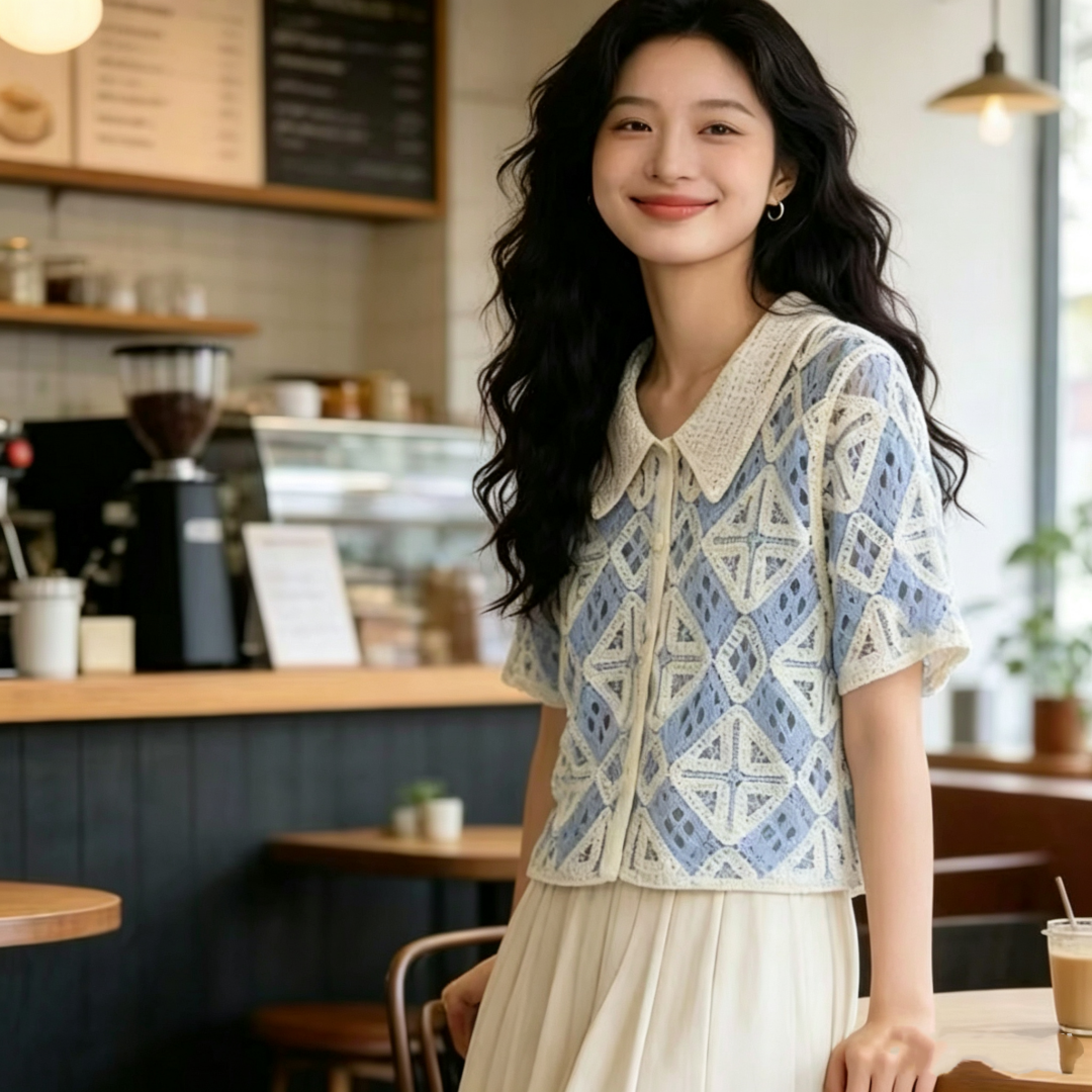프랑스식 달콤한 스타일 홀로우 아웃 자수 POLO 칼라 니트 오픈 가디건 여성 여름 반팔 루즈핏 다용도 슬림해 보이는 맨위