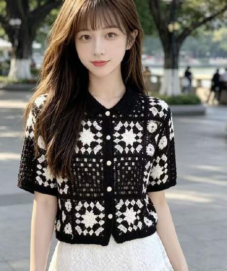 2026 새로운 민족 자수 니트 홀로우 아웃 오픈 가디건 니트 스웨터 무거운 작업 자카드 반팔 POLO 칼라 작은 대중 표지 고기