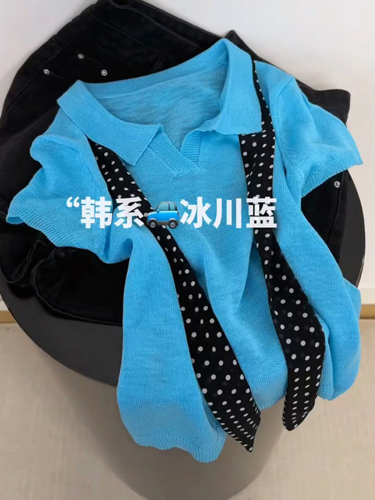 한 부서 원본 싱글 여름 새로운 여성 POLO 칼라 니트 반팔 여성 경기 도트 무늬 스카프 다용도
