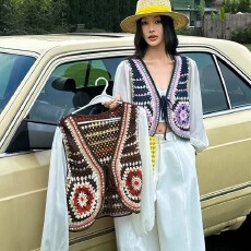 批发2026夏季绑带多彩镂空钩花马甲拼接防晒雪纺衫女针织衫设计感上衣