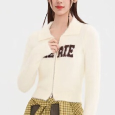 批发毛衣女2026<b class='q'>新款</b>春季撞色英文仿貂毛开衫小个子上衣女装