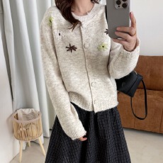 韩系刺绣花朵针织开衫毛衣外套女春秋2026大码胖mm显瘦减龄上衣