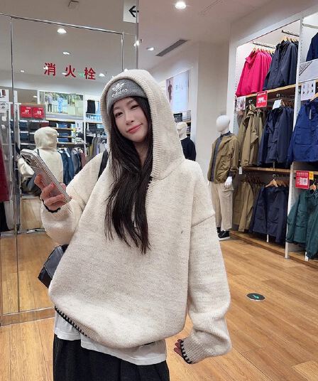 한 부서 자이언트 잘 생긴 하프 지퍼 후드 니트 후드티 여성 가을 겨울 느긋한 와이드 부드러운 찹쌀 풀오버 맨위 두꺼움