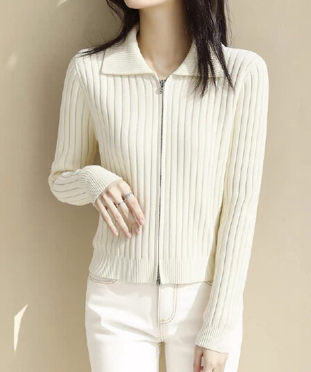 한 부서 단색 구덩이 스트라이프 폴로 칼라 더블 지퍼 니트 오픈 가디건 부드러운 찹쌀 캐주얼 프로 피부 센스 맨위 재킷 여자