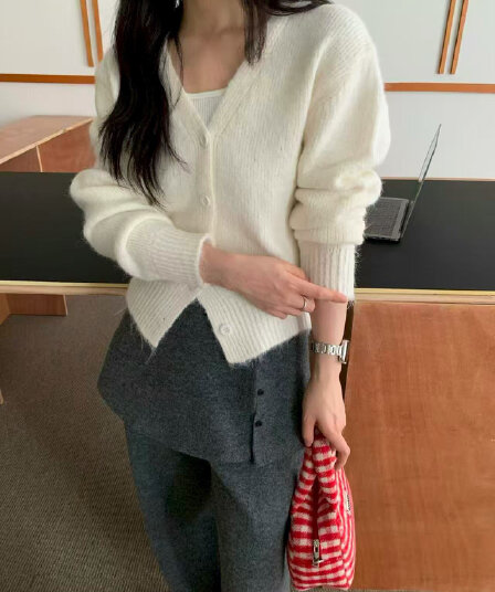한국 스타일 단색 V넥 달콤함 레트로 시리즈 모헤어 니트 오픈 가디건 여성 가을 겨울철 패션 두꺼운 맨위 트렌디