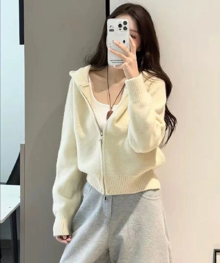한 부서 느긋한 바람 물결무늬 곡물 더블 지퍼 후드 스웨터 코트 여성 의류 가을 겨울철 새로운 캐주얼 다용도 맨위