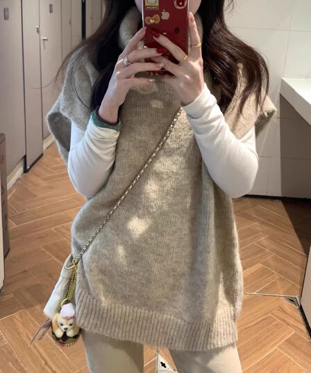 한 부서 느긋한 바람 터틀넥 니트 베스트 조끼 여성 가을 겨울 루즈핏 어깨 스웨터 스택 착용 외부 가져 가라. 민소매 맨위