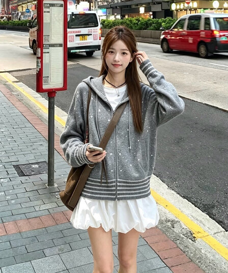 한 부서 모직물 도트 무늬 후드 지퍼 니트 스웨터 여성 새로운 chic 슬림해 보이는 쇼트 스타일 스웨터 카디건 코트