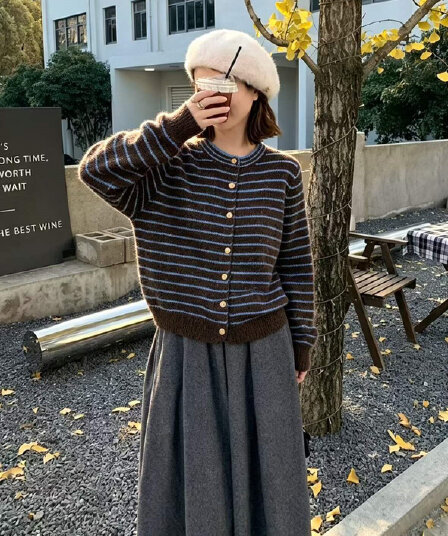 한 부서 배색 라운드 넥 스트라이프 양모 니트 오픈 가디건 여성 가을 겨울철 루즈핏 연령 감소 슬림해 보이는 스웨터 외부 잡아라. 의류