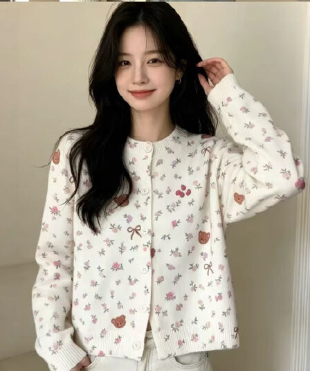 한 부서 꽃무늬 작은 곰 니트 오픈 가디건 여성 가을 새로운 스웨터 코트 슬림해 보이는 다용도 달콤함 연령 감소 맨위 트렌디