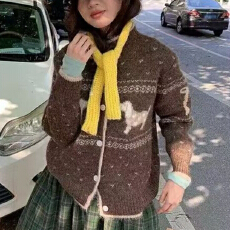 韩系小狗提花软糯毛衣开衫女秋冬新款宽松慵懒风费尔岛针织衫外
