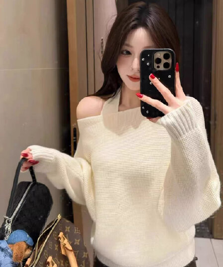 한 부서 착용 가져 가라. 디자인 센스 오프숄더 스웨터 여자 가을 겨울철 루즈핏 느긋한 니트 행침 목 슬립 맨위 투피스 세트