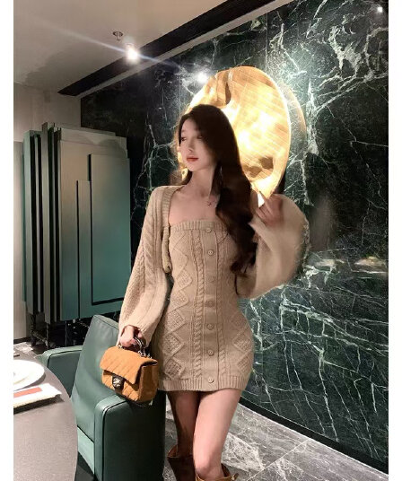 한 부서 스웨터 니트 오픈 가디건 튜브탑 여성 드레스 가을 겨울철 허리 수축 슬림해 보이는 품격 섹시함 인사이드 가져 가라. 짧은 치마