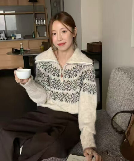한 부서 레트로 터틀넥 공정한 섬 자카드 폴로 칼라 보온 지퍼 스웨터 오픈 가디건 여성 가을 슬림해 보이는 외출용
