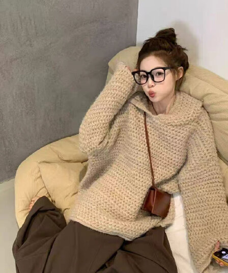 한 부서 레트로 후드 니트 스웨터 여성 가을 겨울 새로운 느긋한 바람 패션 다용도 루즈핏 슬림해 보이는 풀오버