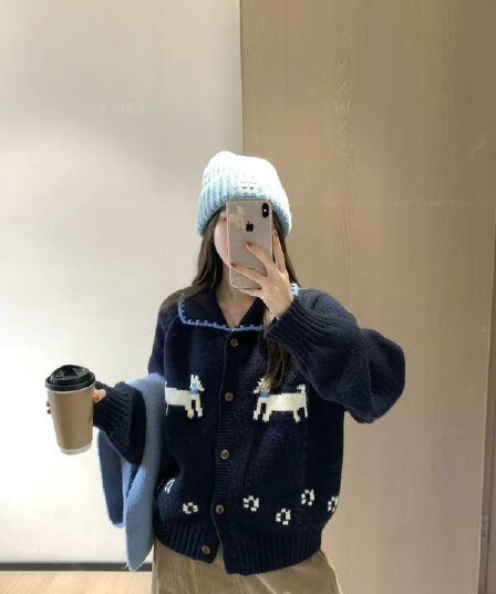 한국 동대문 가을 새로운 느긋한 만화 자카드 폴로 칼라 스웨터 연령 감소 루즈핏 다용도 슬림해 보이는 니트 스웨터