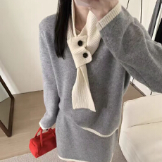 批发韩系穿搭套装<b class='q'>女</b>秋冬巨好看一整套长袖围脖毛衣针织短裙三件套