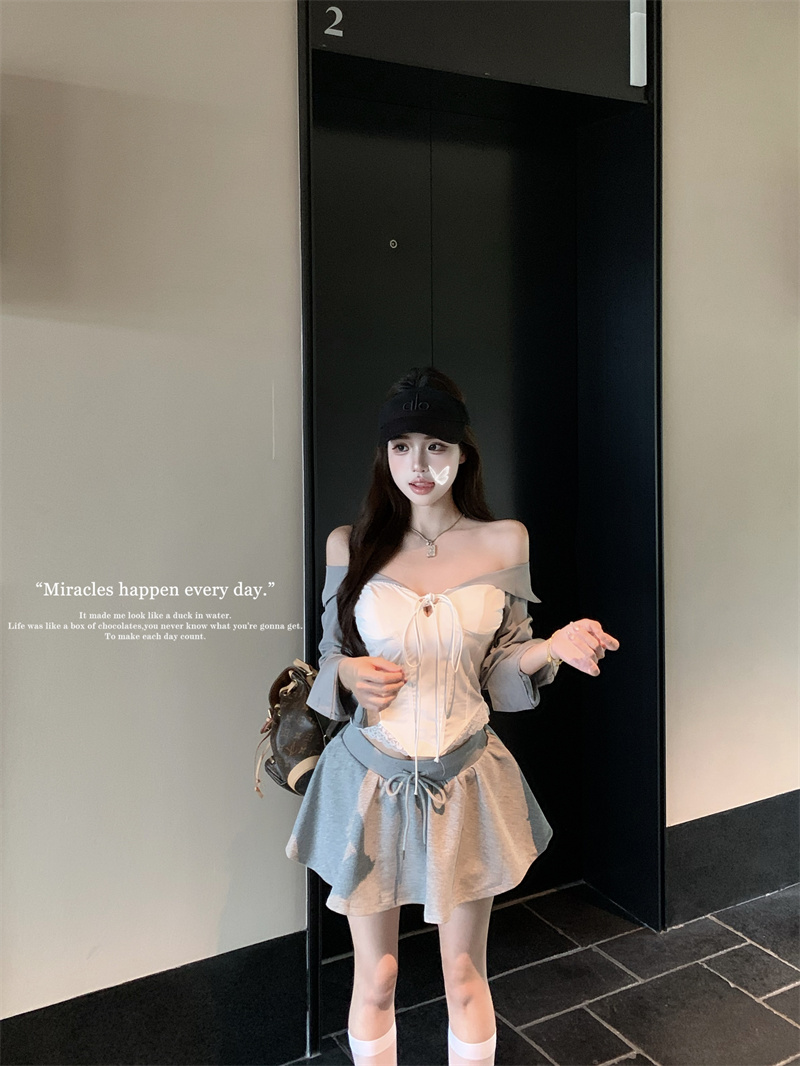 FA36879# 一字肩衬衫长袖拼接衬衫上衣半身裙裙裤套装 服裝批發女裝批發服飾貨源