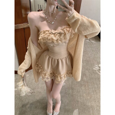 批发实价实拍 秋<b class='q'>蕾丝</b>花边修身显瘦一字肩上衣蛋糕A字半裙开衫套装