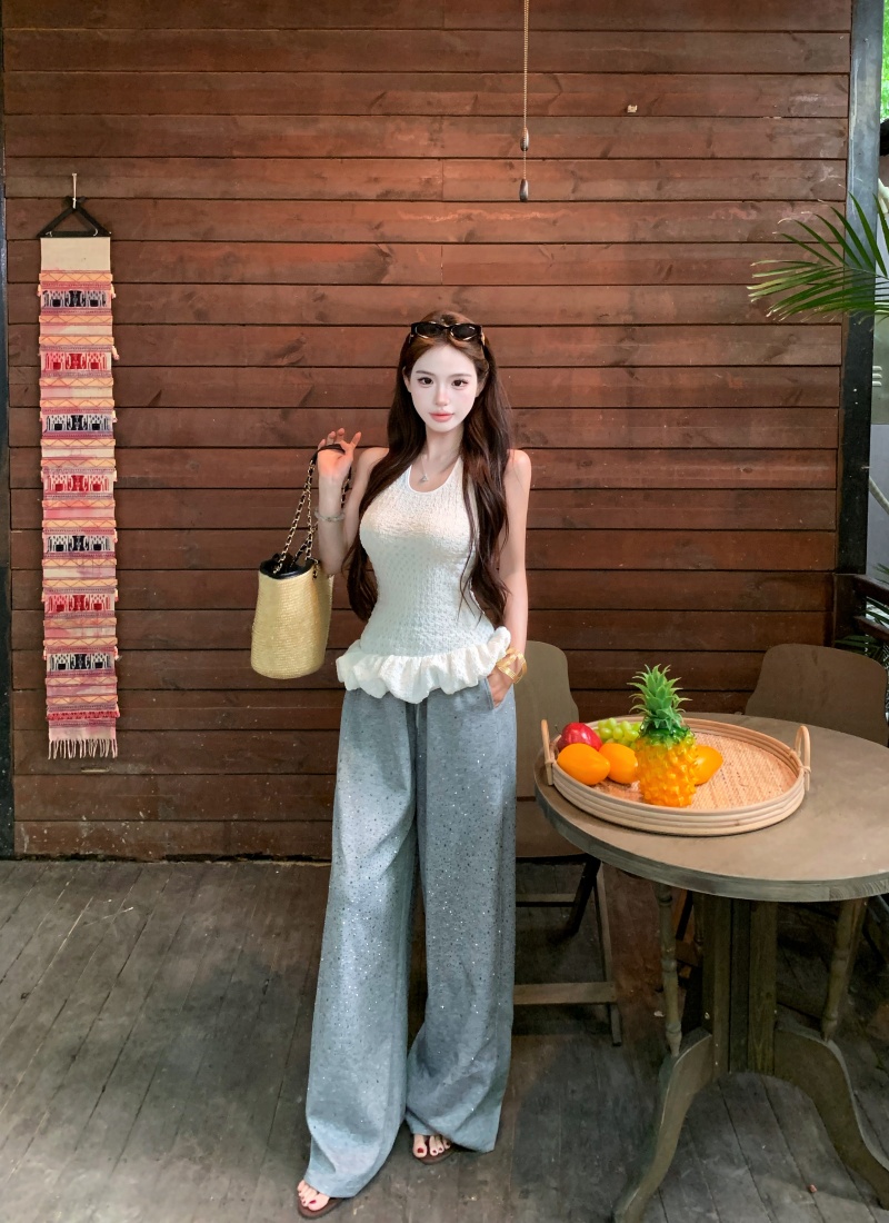 정가 실사 핫걸 슬림해 보이는 허리 수축 행침 목 슬립 맨위 핫픽스 하이웨이스트 와이드 레그 팬츠 세트