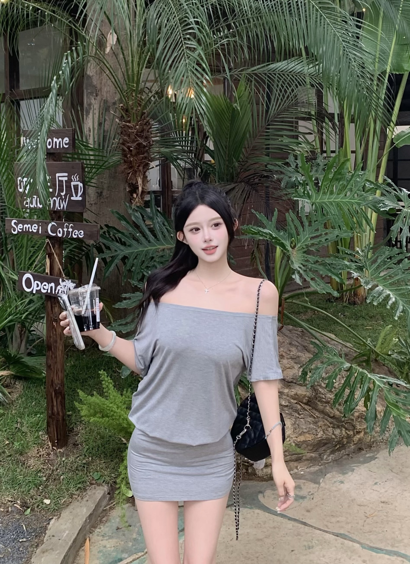 실사 정가 오프숄더 치마 타이트 스커트 미니 스커트 여성 여름 프랑스식 품격 몸매 가꾸기 원피스 치마