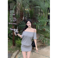 批发实拍实价 一字肩<b class='q'>裙子</b>包臀短裙女夏季法式气质修身连身裙