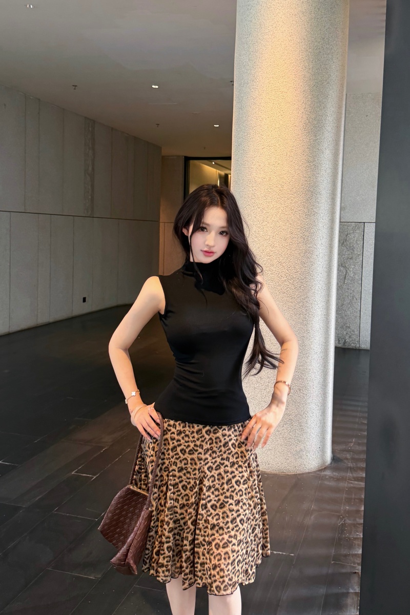 정가 실사 핫걸 니트 민소매 맨위 드레스 레오파드 무늬 반신 스커트 투피스 세트