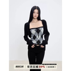 批发WITHMIN 辣妹抹胸针织衫上衣秋季宽松短款黑色长袖开衫<b class='q'>外套</b>女套装