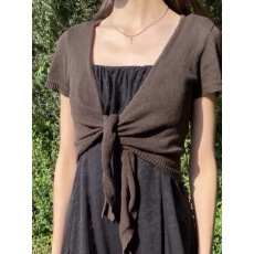 批发brandy bm棕色V领绑带短款<b class='q'>针织衫</b>女bm短袖围裹式宽肩<b class='q'>罩衫</b>外搭上衣