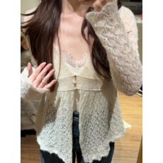 批发法式温柔风洋气减龄黄色镂空针织开衫女2026秋<b class='q'>冬</b>新款宽松显瘦毛衣