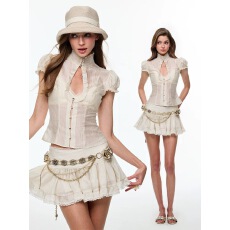 批发宅女同款人间秀珠水滴镂空上衣<b class='q'>蕾丝</b>边法式褶皱半裙小洋装套装