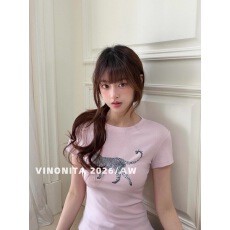 批发vinonita/26AW 豹子印花修身短袖T恤简约基础百搭套头上衣女春夏