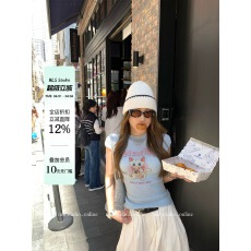 批发MLS 喵星人 肌理华夫格2026春夏新款上衣女正肩猫咪卡通印花短T恤