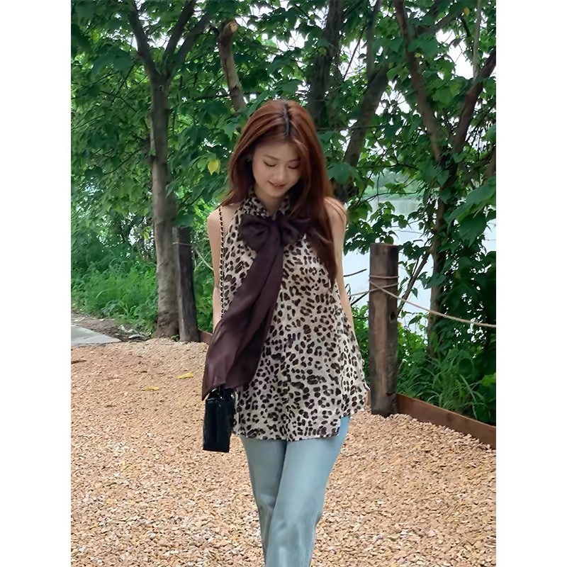 하나 坨 꿈 중간 상태 고양이 레트로 레오파드 무늬 시폰 셔츠 여성 여름 행침 목 조끼 통기성 맨위 ytt012