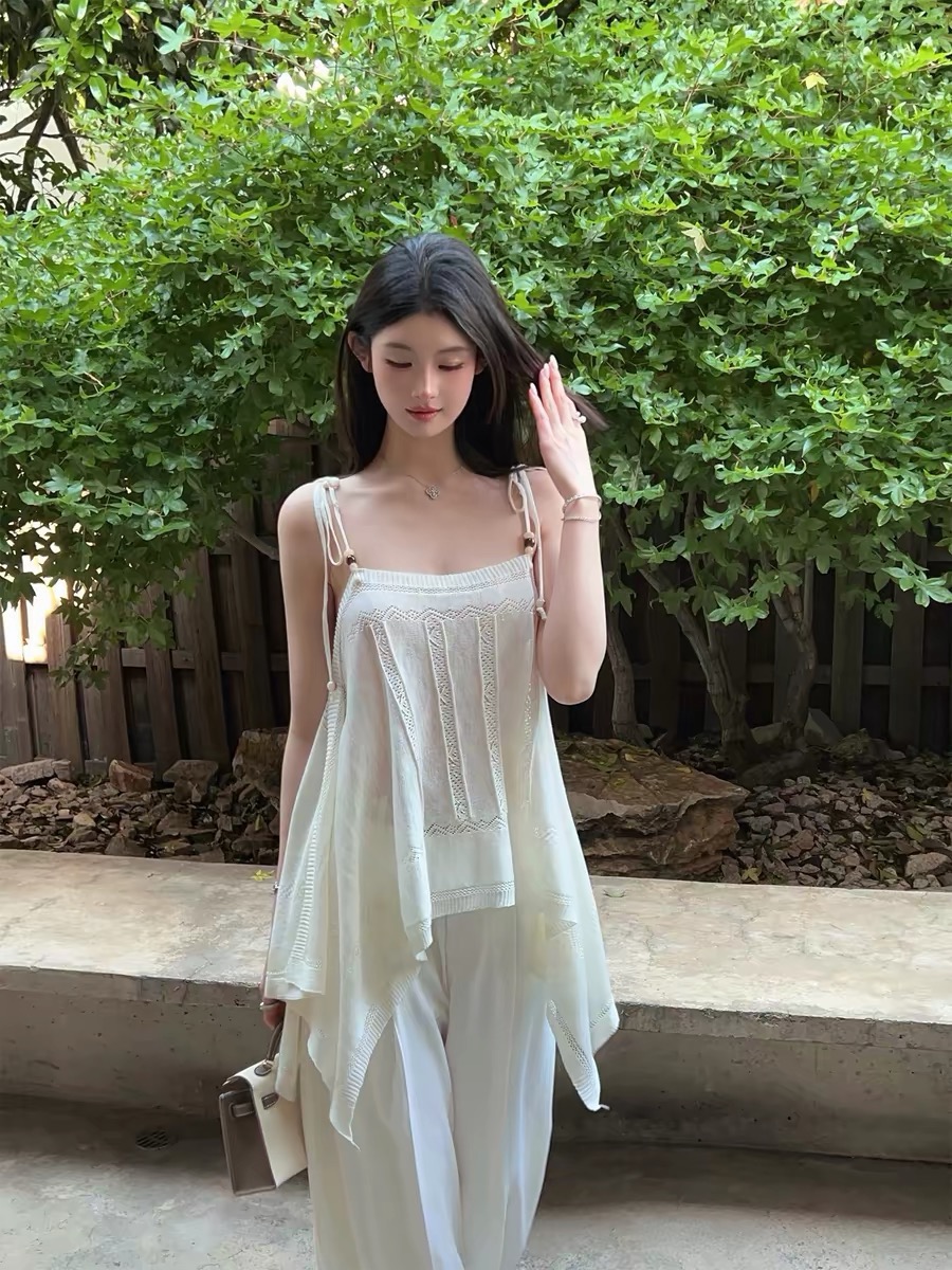 fairyjiang 여름 보헤미안 바람 화이트 홀로우 아웃 니트 캐미솔 외출용 얇은 스타일 맨위