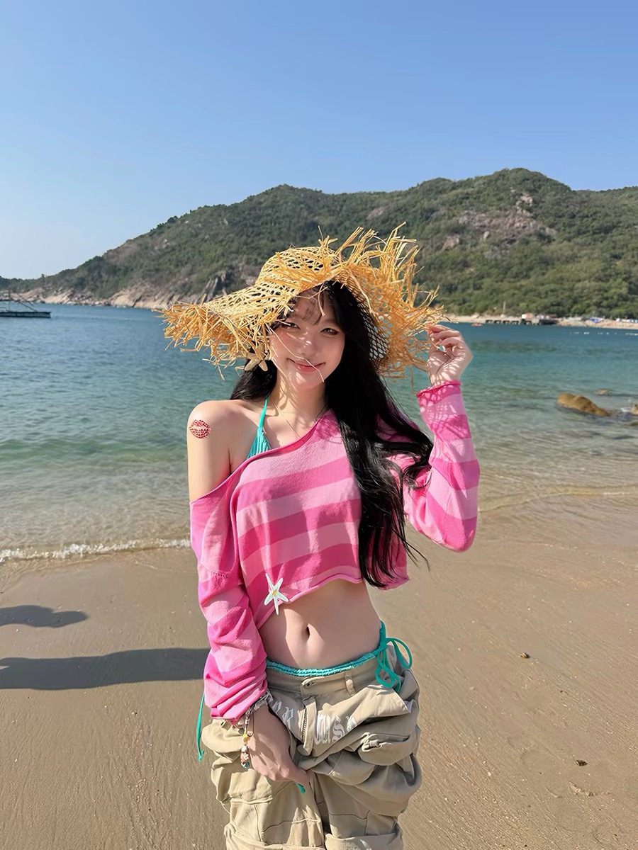 r1dge 아메리칸 느긋한 바람 스트라이프 보트넥 긴팔 티셔츠 여성 핫걸 캐주얼 슬림해 보이는 이슬 뼈의 자외선 차단 블라우스