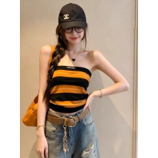 批发辣妹撞色条纹抹胸吊带背心女<b class='q'>夏</b>日多巴胺风短款修身显瘦一字肩上衣