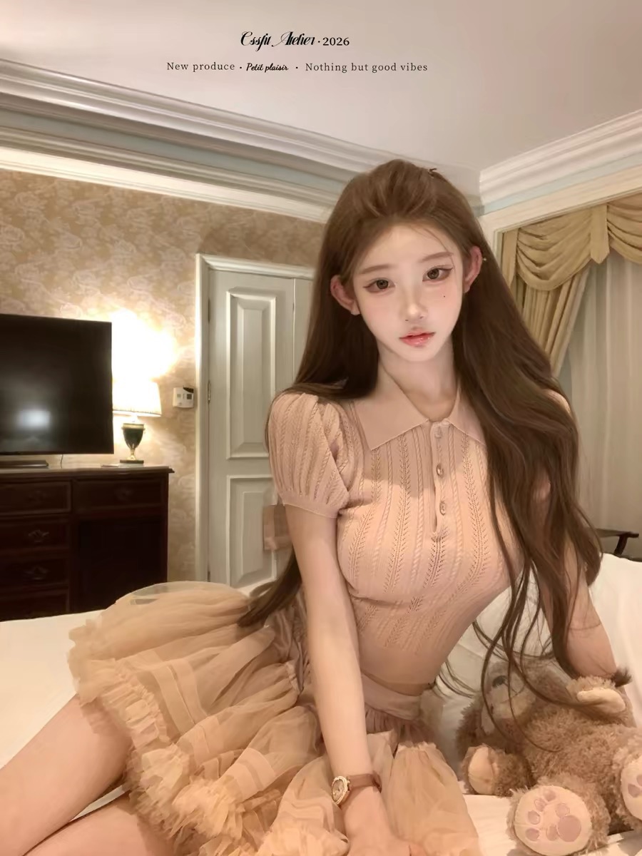 늦게 우산 우산 26 ss miu 부서 계피 핑크색 니트 맨위 동백 나무 나비 매듭 벨벳 반바지 세트