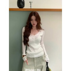 批发HOLDER<b class='q'>韩国</b>2026新款假两件蕾丝V领针织衫女早秋修身花边长袖上衣