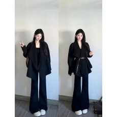 批发2025新款慵懒风韩系高级感黑色翻领针织<b class='q'>开衫</b><b class='q'>毛衣</b>外套<b class='q'>女</b>秋冬小个子