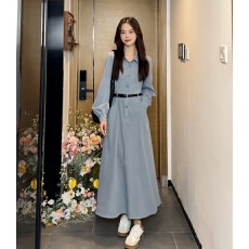 批发2026秋季新款小个子蓝色气质<b class='q'>衬衫</b>连衣裙子女装初秋高级感法式长裙