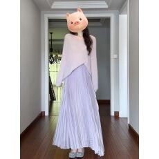 批发温柔风慵懒套装长袖宽松针织衫女春季高腰<b class='q'>半身裙</b>长裙浅紫色两件套