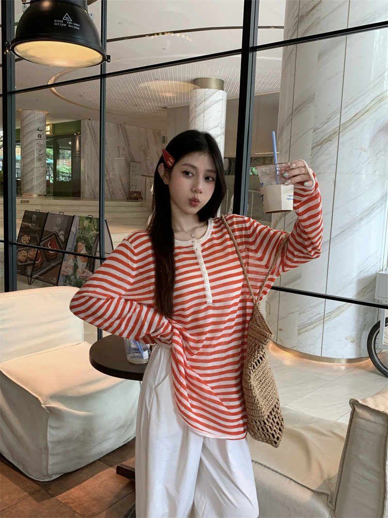 MY11590# 慵懒亨利领亚麻垂感宽松显瘦条纹上衣长袖防晒衫女女裝貨源服裝批發